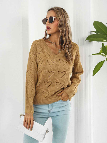 Openwork V-Neck Sweater - aurelia-clothing-8955