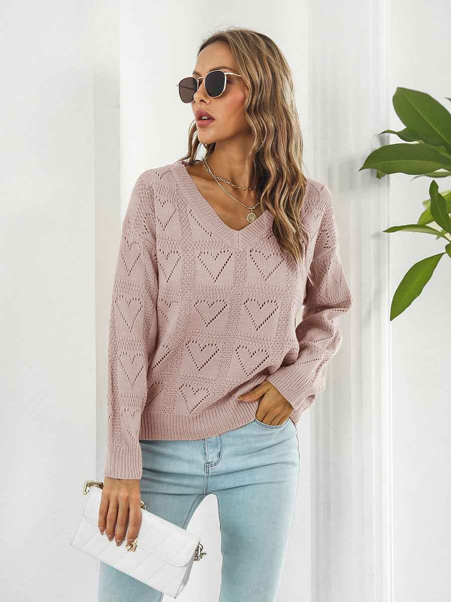 Openwork V-Neck Sweater - aurelia-clothing-8955
