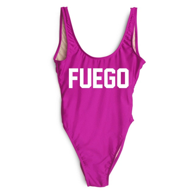 Orange FUEGO Print Letter One Piece Swimsuit Sexy Swimwear Beach Bathing Suit - Free Shipping - aurelia-clothing-8955