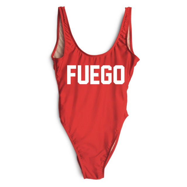 Orange FUEGO Print Letter One Piece Swimsuit Sexy Swimwear Beach Bathing Suit - Free Shipping - aurelia-clothing-8955
