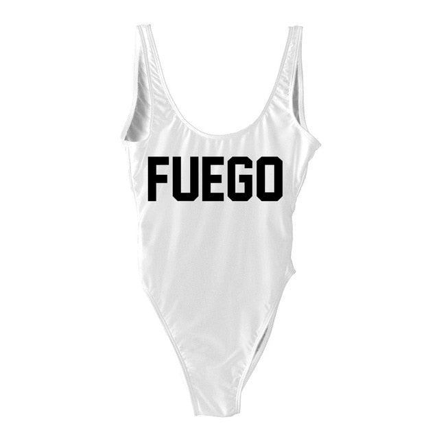 Orange FUEGO Print Letter One Piece Swimsuit Sexy Swimwear Beach Bathing Suit - Free Shipping - aurelia-clothing-8955