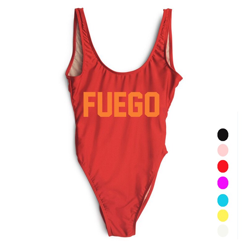 Orange FUEGO Print Letter One Piece Swimsuit Sexy Swimwear Beach Bathing Suit - Free Shipping - aurelia-clothing-8955