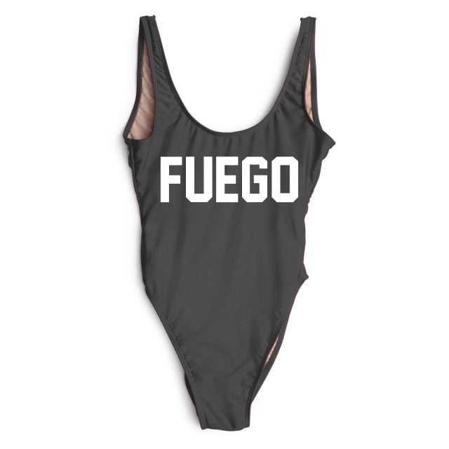 Orange FUEGO Print Letter One Piece Swimsuit Sexy Swimwear Beach Bathing Suit - Free Shipping - aurelia-clothing-8955