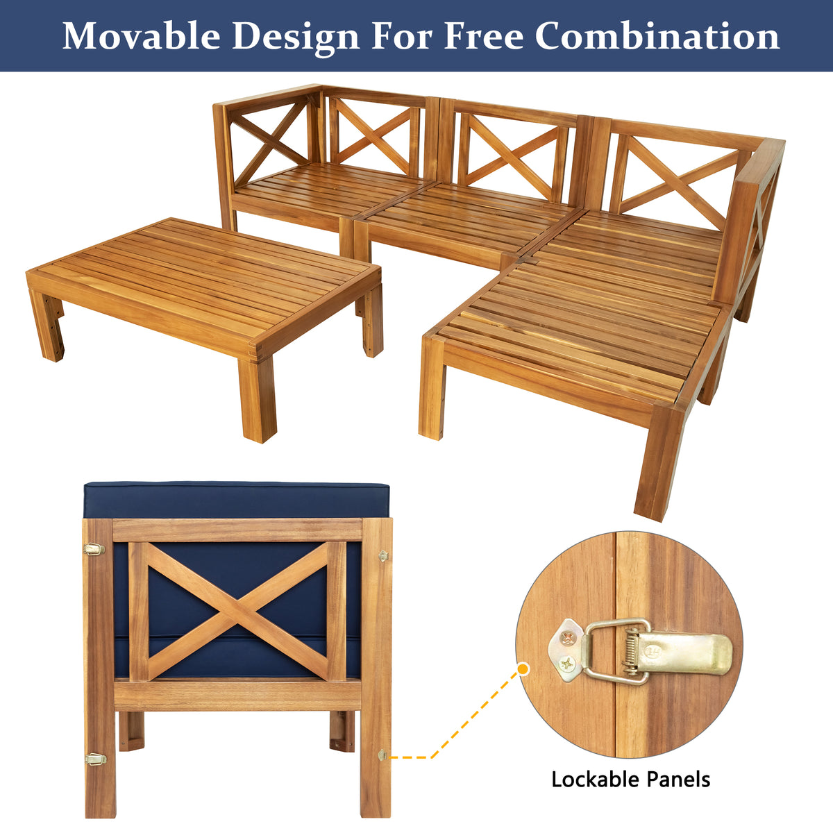 Outdoor Backyard Patio Wood 5-Piece Sectional Sofa Seating-Free Shipping - aurelia-clothing-8955