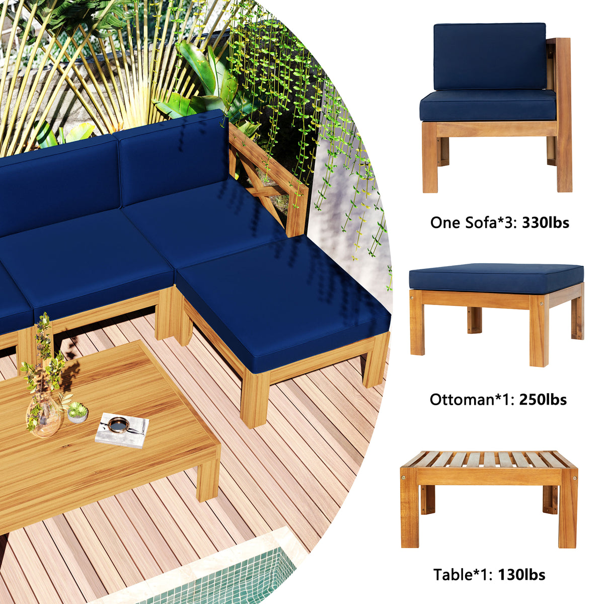 Outdoor Backyard Patio Wood 5-Piece Sectional Sofa Seating-Free Shipping - aurelia-clothing-8955