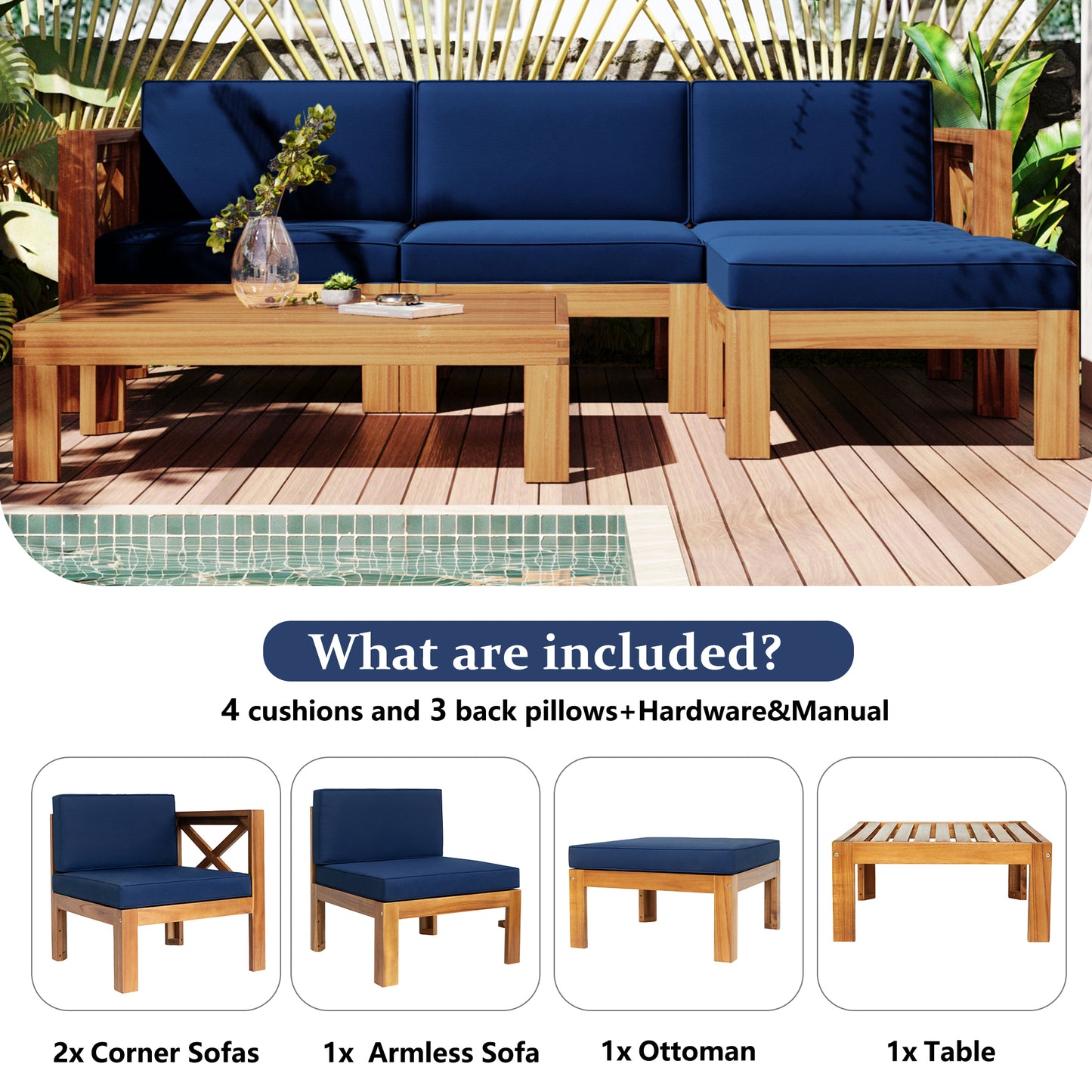 Outdoor Backyard Patio Wood 5-Piece Sectional Sofa Seating-Free Shipping - aurelia-clothing-8955