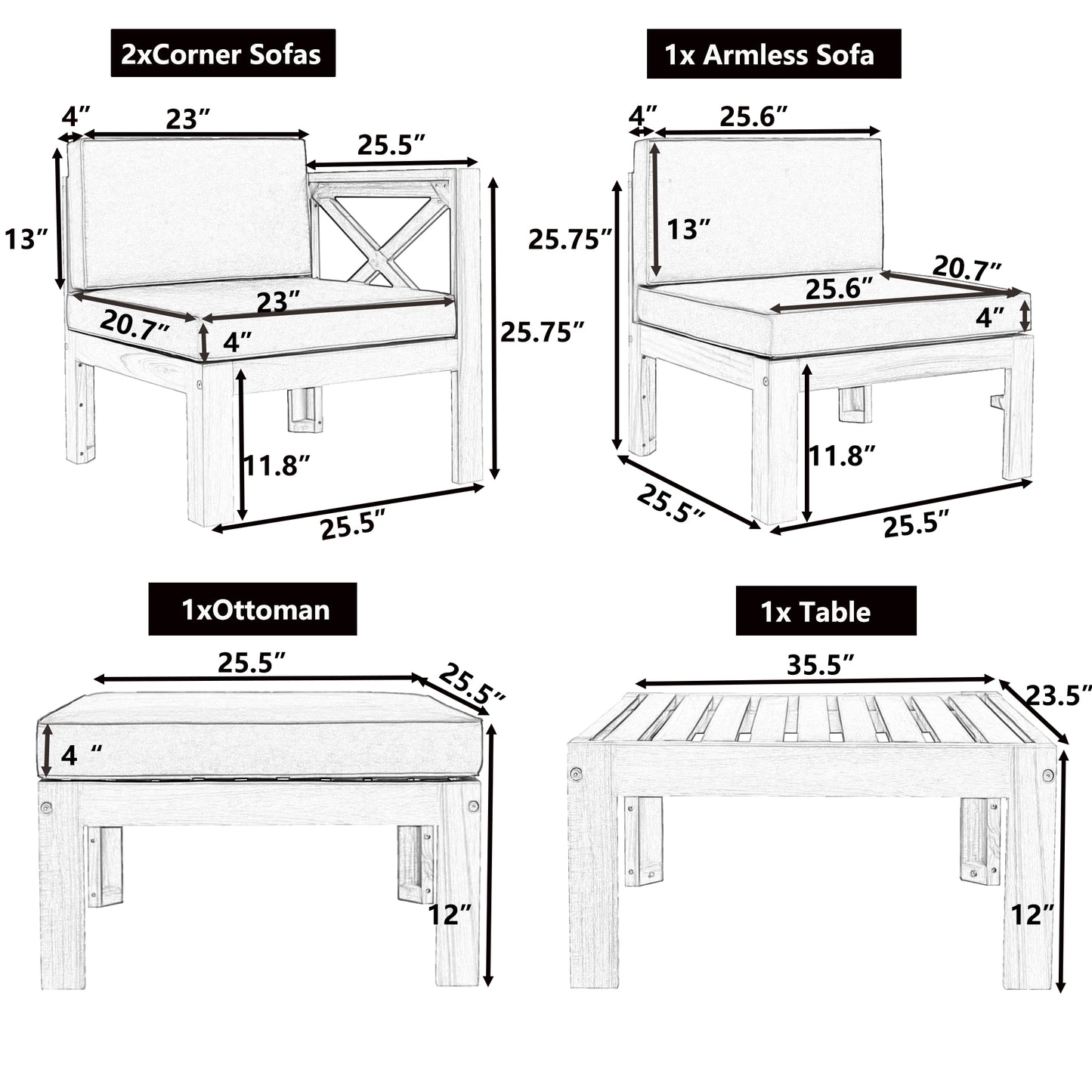 Outdoor Backyard Patio Wood 5-Piece Sectional Sofa Seating-Free Shipping - aurelia-clothing-8955
