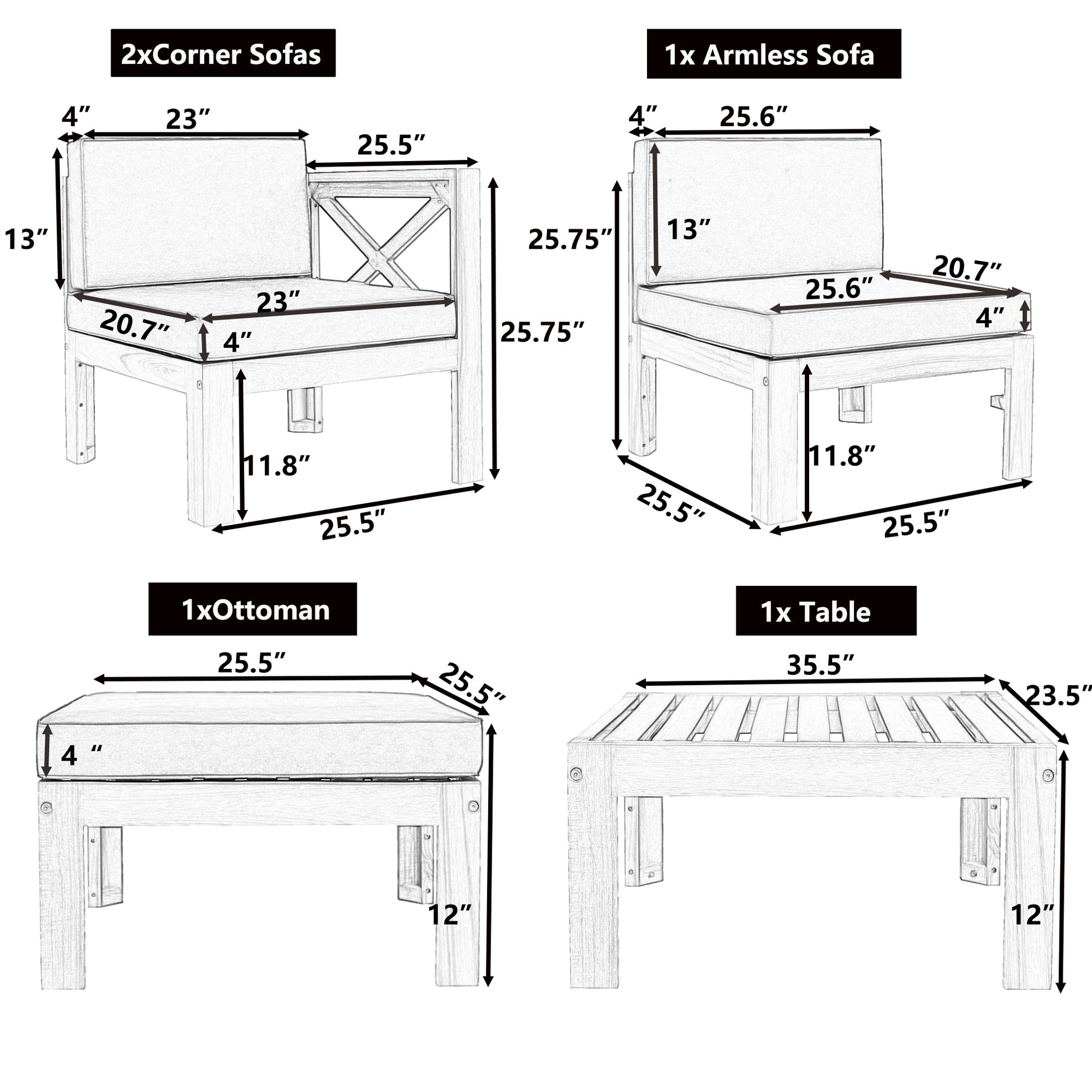 Outdoor Backyard Patio Wood 5-Piece Sectional Sofa Seating-Free Shipping - aurelia-clothing-8955