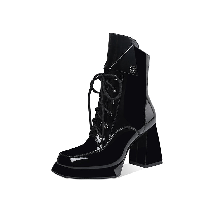 Patent Leather Thick Heel Martin Boots Womens 9cm Spring And Autumn Single Boots Waterproof Platform High-Heeled Ankle Boots - Free shipping - aurelia-clothing-8955