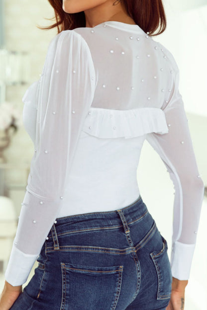 Pearl Decor Mesh Patchwork Ribbed Long Sleeve Top - aurelia-clothing-8955