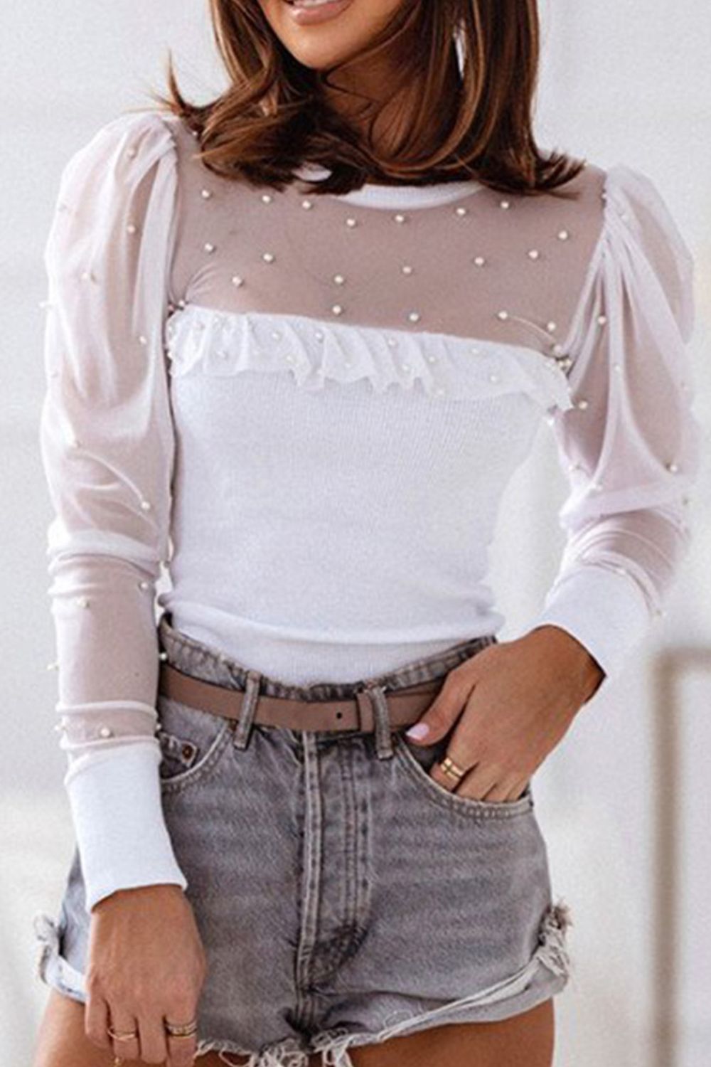 Pearl Decor Mesh Patchwork Ribbed Long Sleeve Top - aurelia-clothing-8955