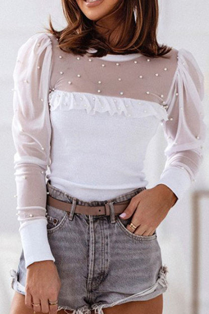 Pearl Decor Mesh Patchwork Ribbed Long Sleeve Top - aurelia-clothing-8955