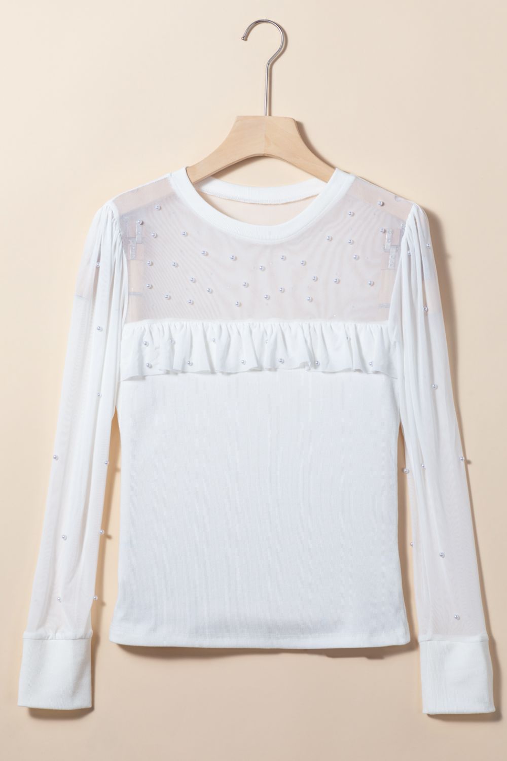 Pearl Decor Mesh Patchwork Ribbed Long Sleeve Top - aurelia-clothing-8955