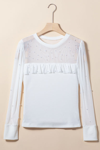 Pearl Decor Mesh Patchwork Ribbed Long Sleeve Top - aurelia-clothing-8955