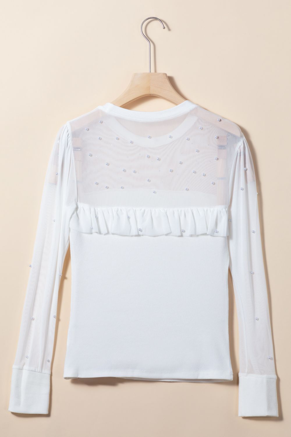 Pearl Decor Mesh Patchwork Ribbed Long Sleeve Top - aurelia-clothing-8955