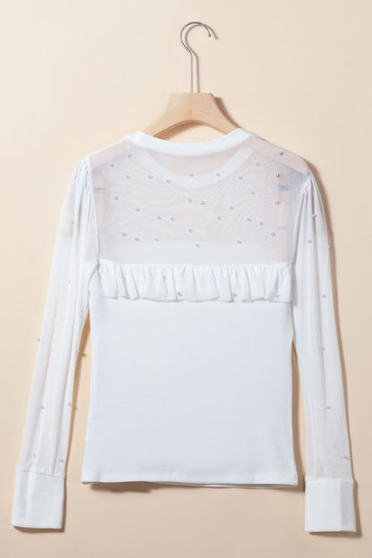 Pearl Decor Mesh Patchwork Ribbed Long Sleeve Top - aurelia-clothing-8955
