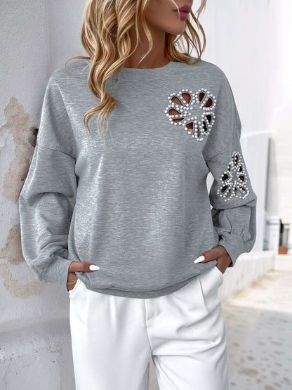 Perfee Cutout Pearl Round Neck Long Sleeve Sweatshirt - aurelia-clothing-8955