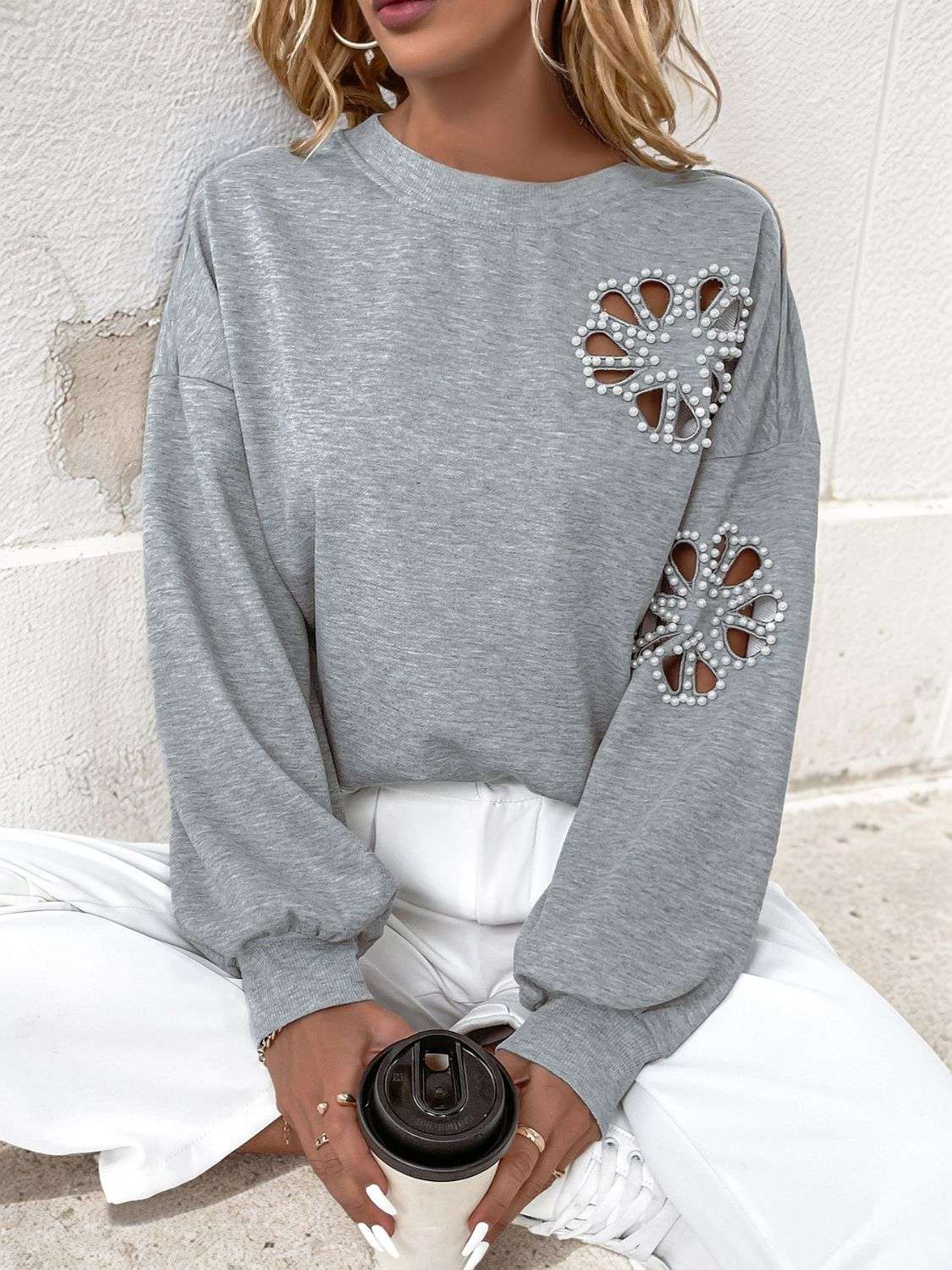 Perfee Cutout Pearl Round Neck Long Sleeve Sweatshirt - aurelia-clothing-8955