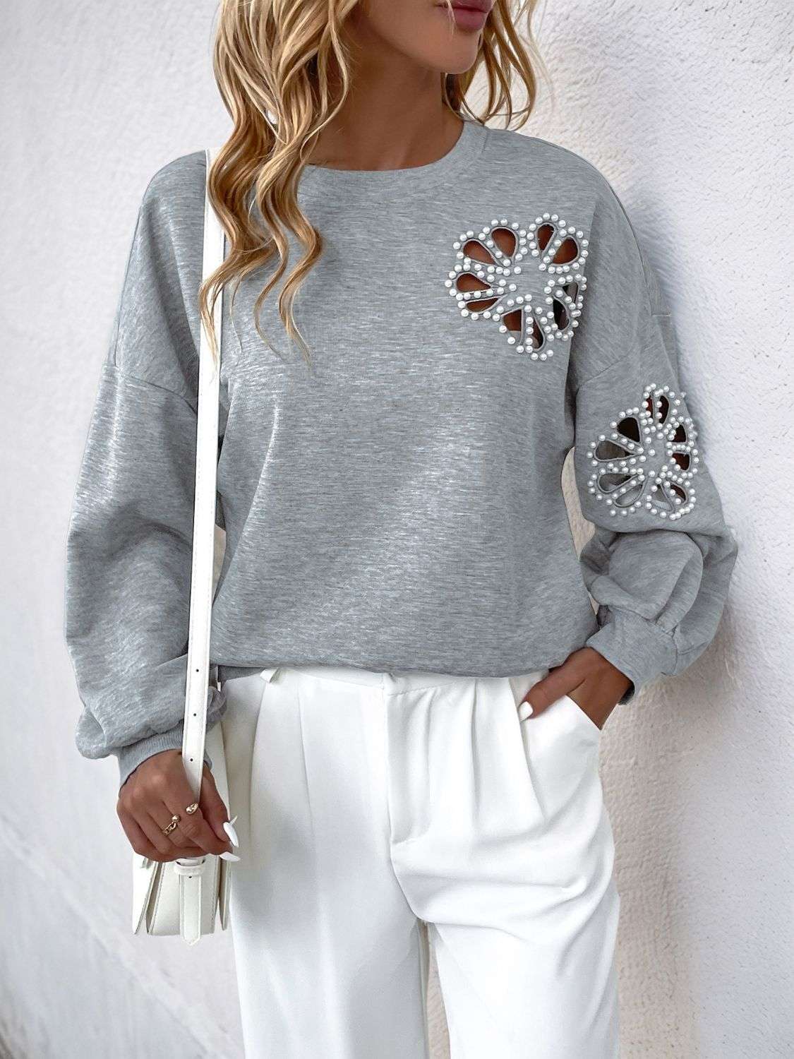 Perfee Cutout Pearl Round Neck Long Sleeve Sweatshirt - aurelia-clothing-8955