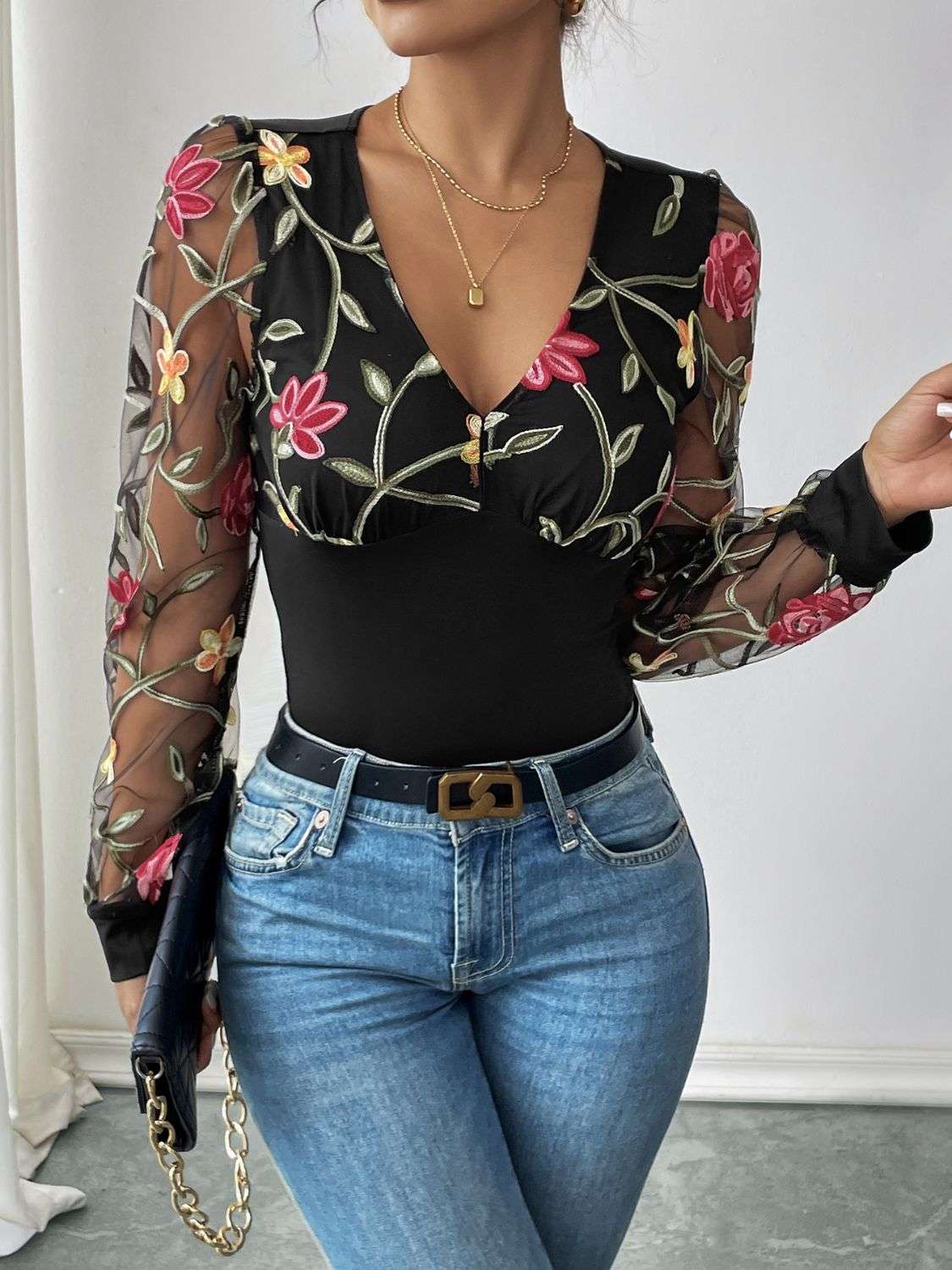 Perfee Embroidered V-Neck Long Sleeve Bodysuit - aurelia-clothing-8955