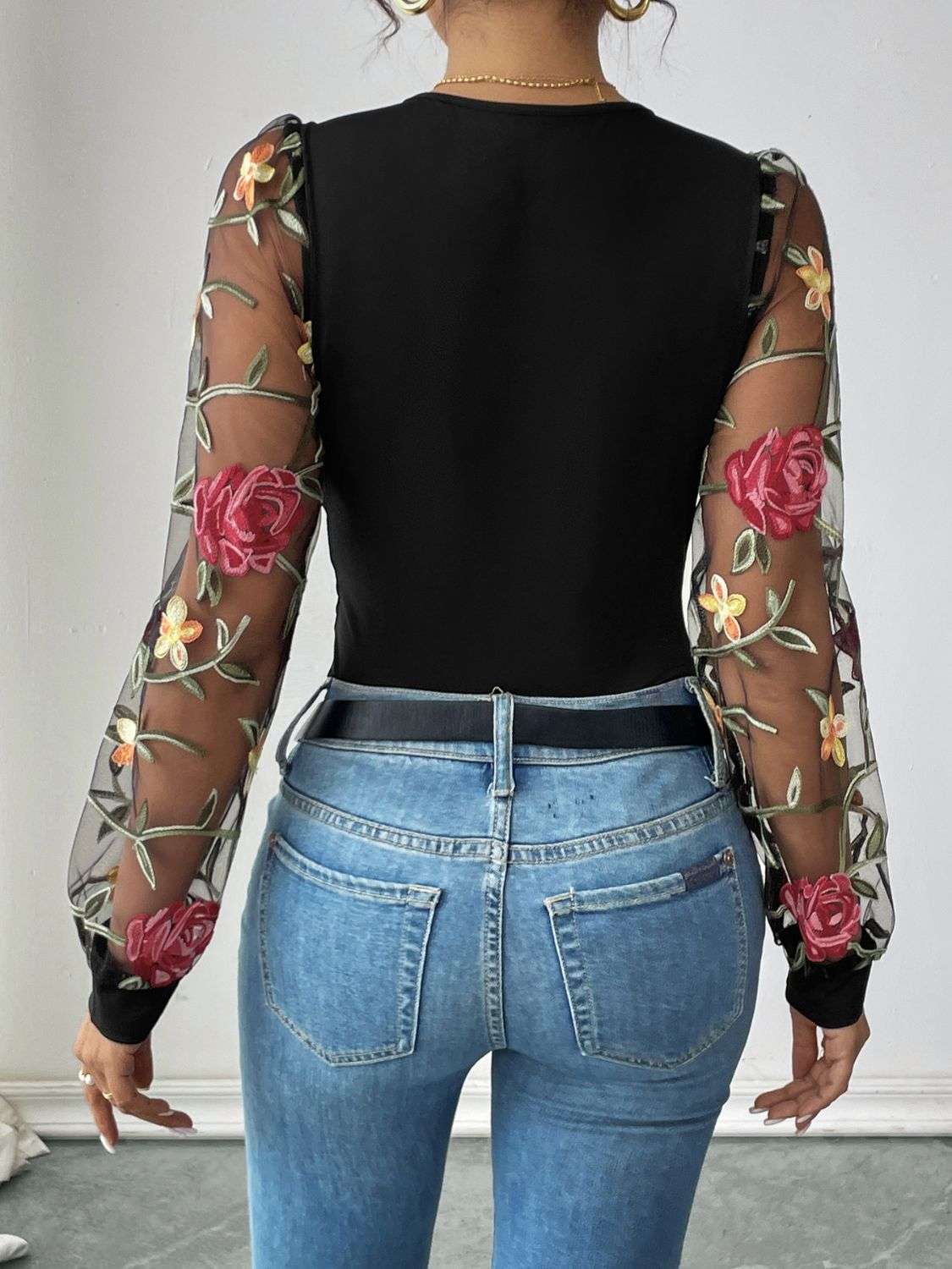 Perfee Embroidered V-Neck Long Sleeve Bodysuit - aurelia-clothing-8955