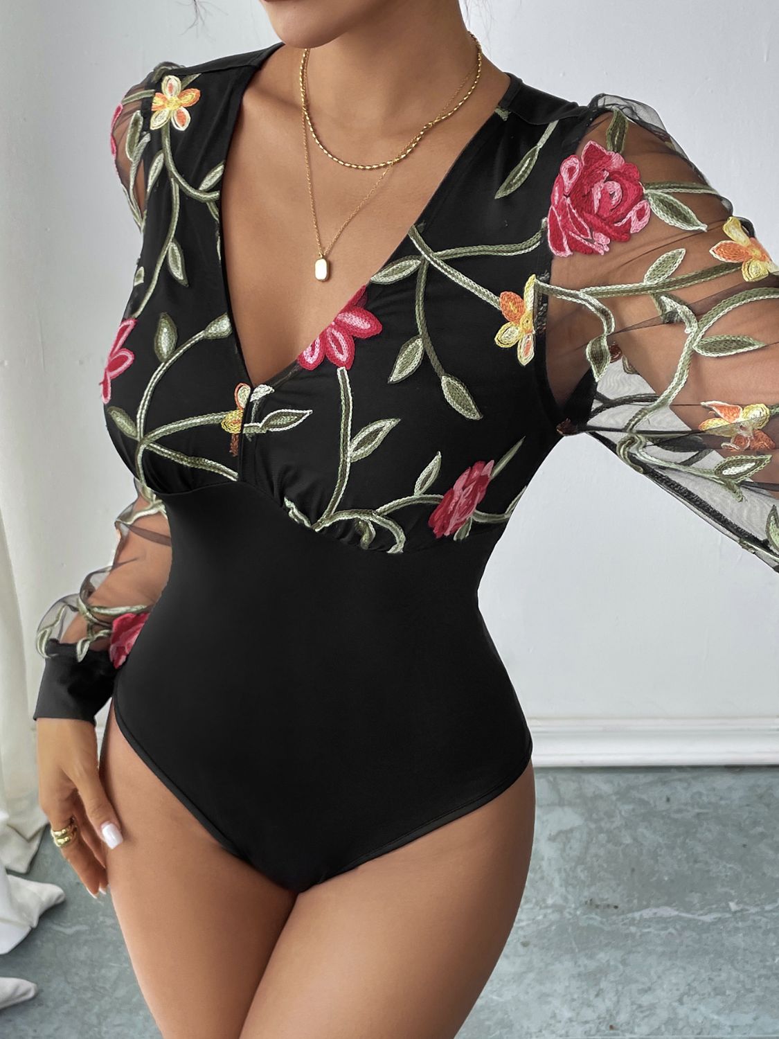 Perfee Embroidered V-Neck Long Sleeve Bodysuit - aurelia-clothing-8955