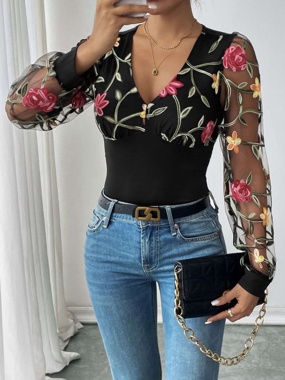 Perfee Embroidered V-Neck Long Sleeve Bodysuit - aurelia-clothing-8955