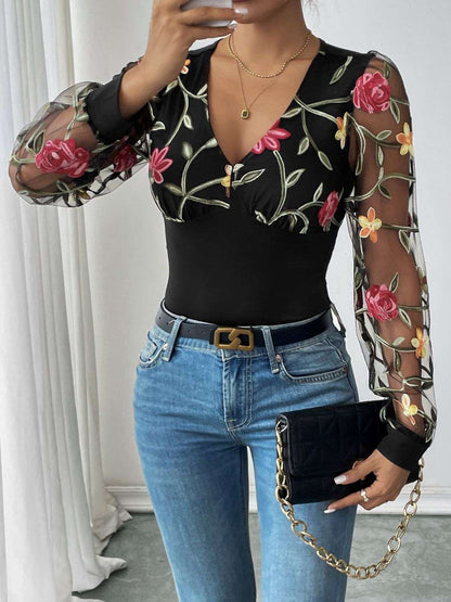 Perfee Embroidered V-Neck Long Sleeve Bodysuit - aurelia-clothing-8955