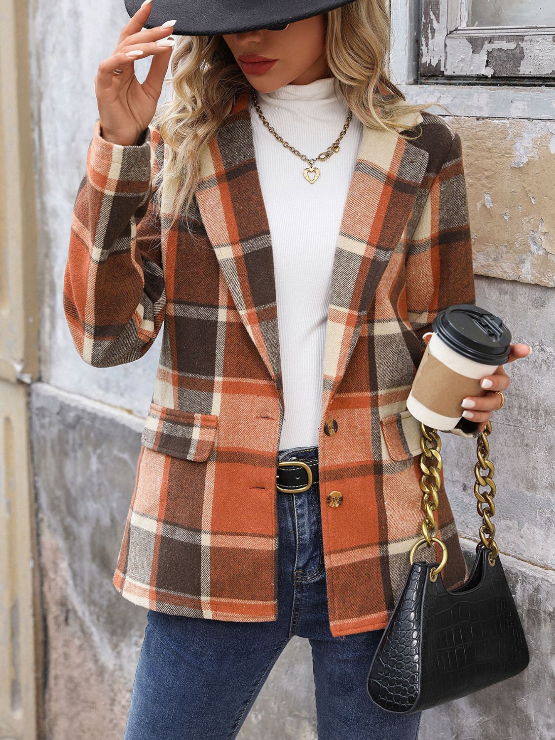 Perfee Plaid Button Down Lapel Collar Blazer - Free Shipping - aurelia-clothing-8955