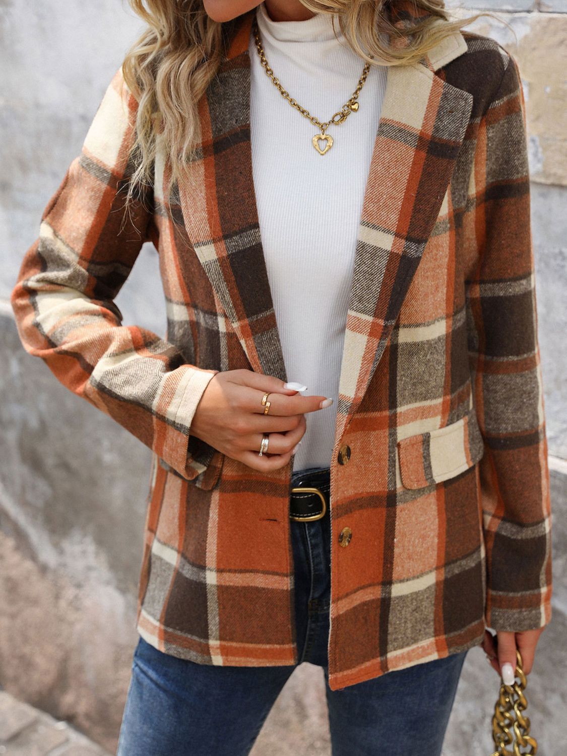 Perfee Plaid Button Down Lapel Collar Blazer - Free Shipping - aurelia-clothing-8955