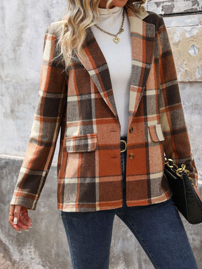 Perfee Plaid Button Down Lapel Collar Blazer - Free Shipping - aurelia-clothing-8955