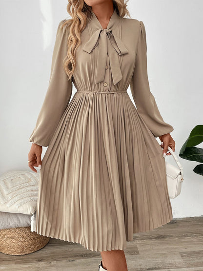 Perfee Pleated Tie Neck Long Sleeve Dress - Free Shipping - aurelia-clothing-8955