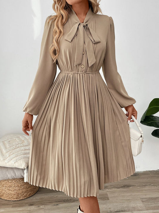Perfee Pleated Tie Neck Long Sleeve Dress - Free Shipping - aurelia-clothing-8955
