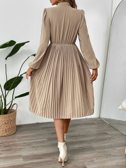 Perfee Pleated Tie Neck Long Sleeve Dress - Free Shipping - aurelia-clothing-8955