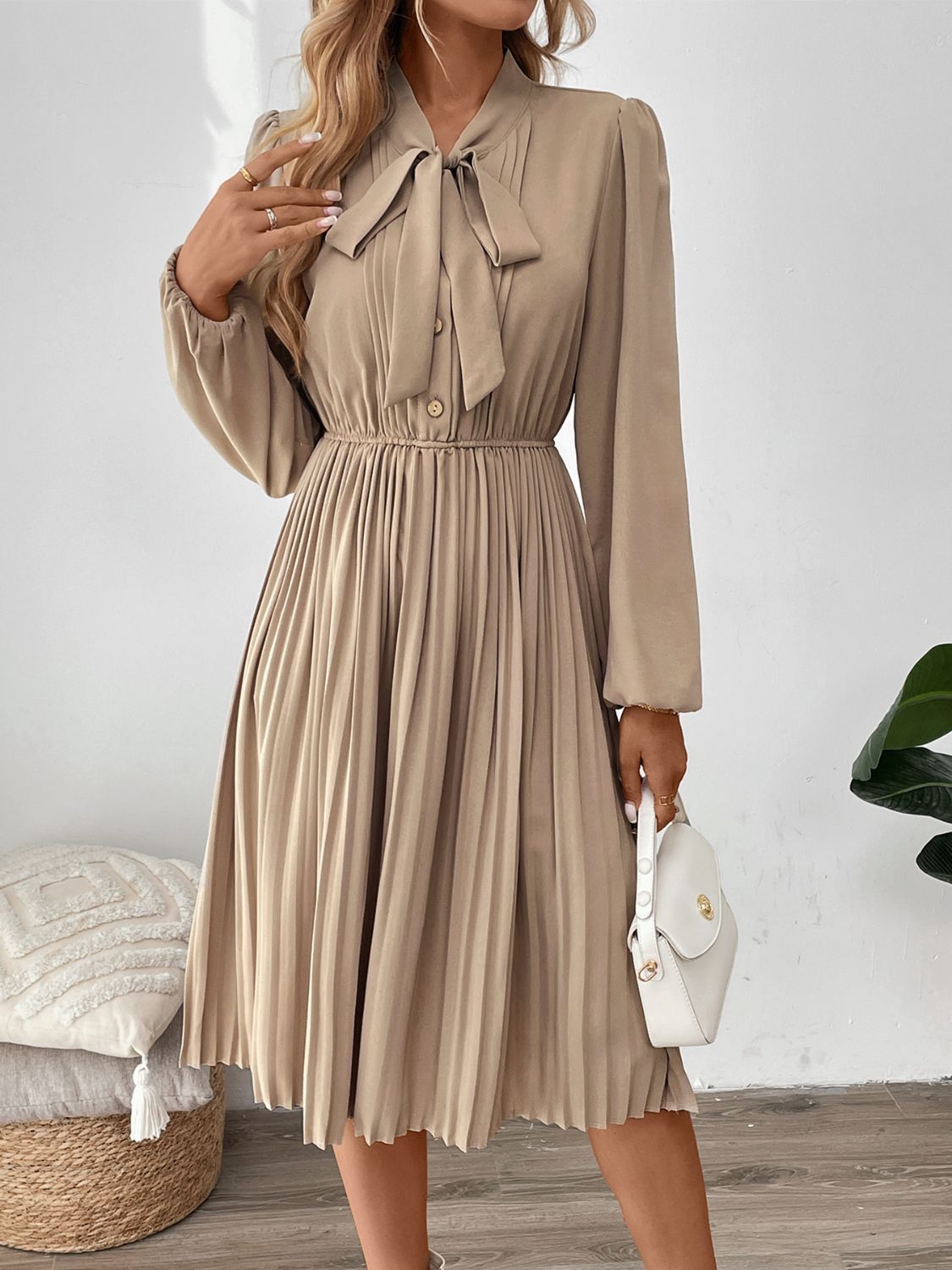 Perfee Pleated Tie Neck Long Sleeve Dress - Free Shipping - aurelia-clothing-8955