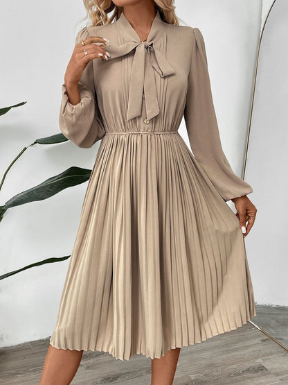 Perfee Pleated Tie Neck Long Sleeve Dress - Free Shipping - aurelia-clothing-8955