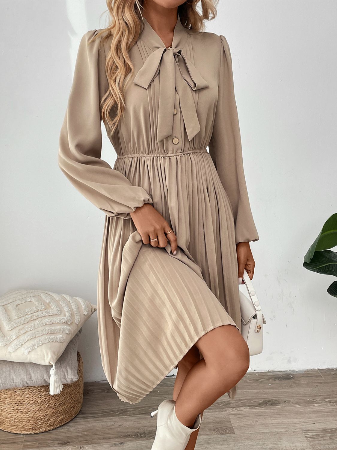 Perfee Pleated Tie Neck Long Sleeve Dress - Free Shipping - aurelia-clothing-8955