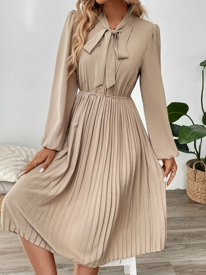 Perfee Pleated Tie Neck Long Sleeve Dress - Free Shipping - aurelia-clothing-8955