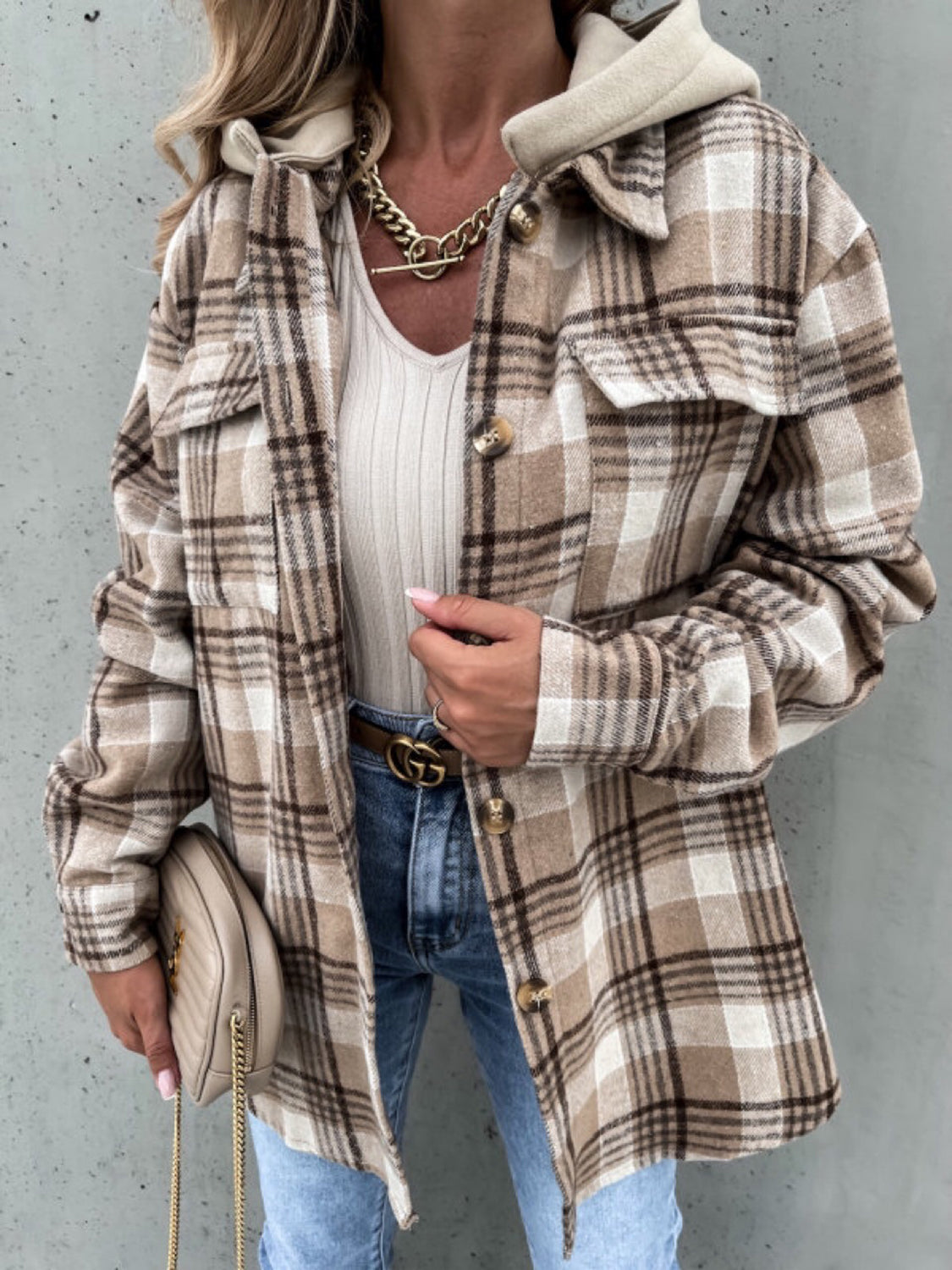 Plaid Button Up Jacket with Removable Hood - aurelia-clothing-8955