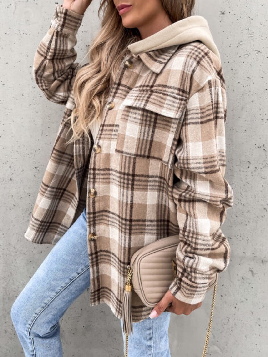 Plaid Button Up Jacket with Removable Hood - aurelia-clothing-8955