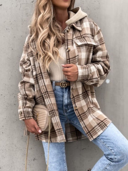 Plaid Button Up Jacket with Removable Hood - aurelia-clothing-8955