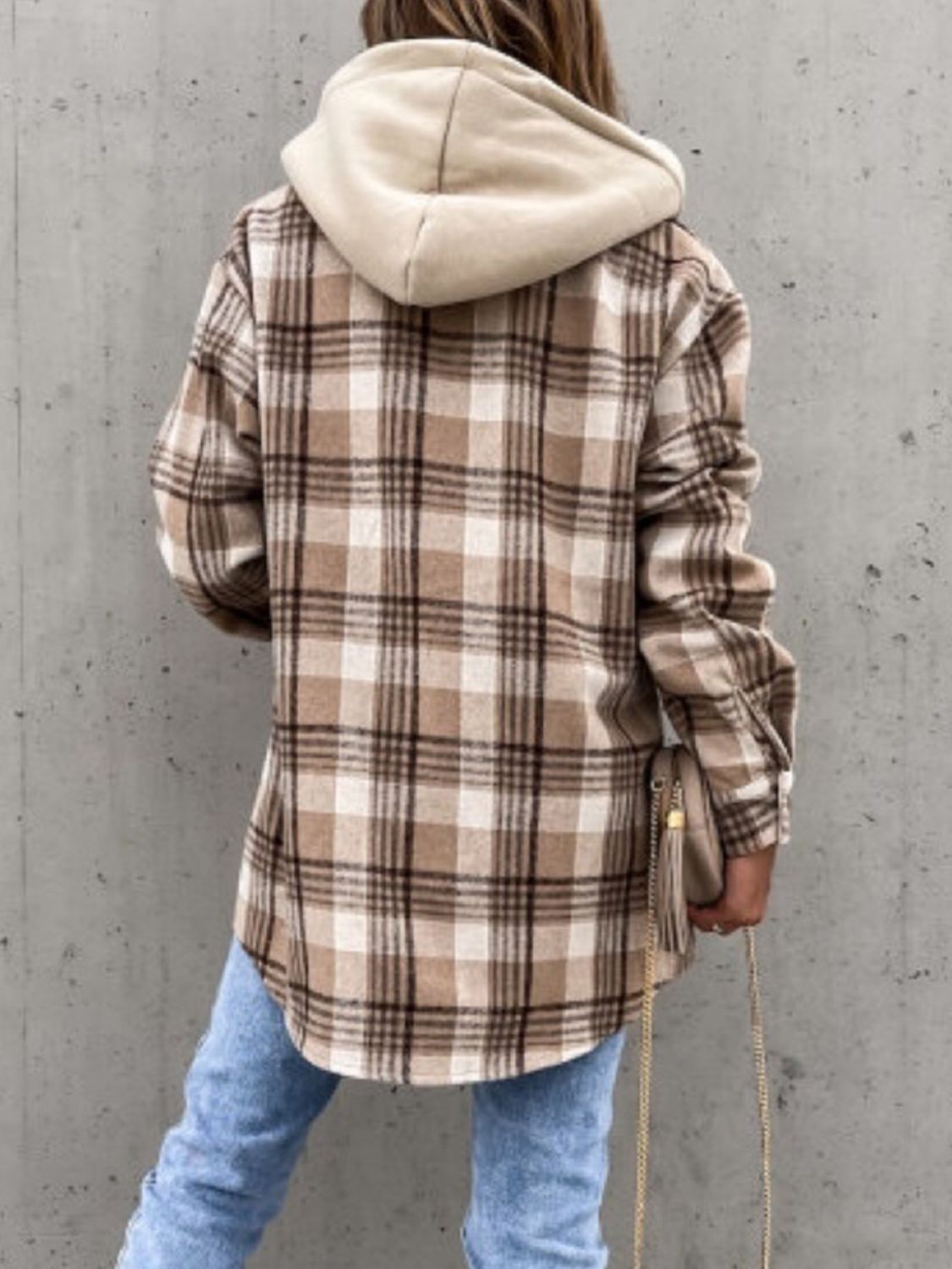 Plaid Button Up Jacket with Removable Hood - aurelia-clothing-8955
