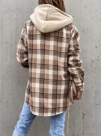 Plaid Button Up Jacket with Removable Hood - aurelia-clothing-8955