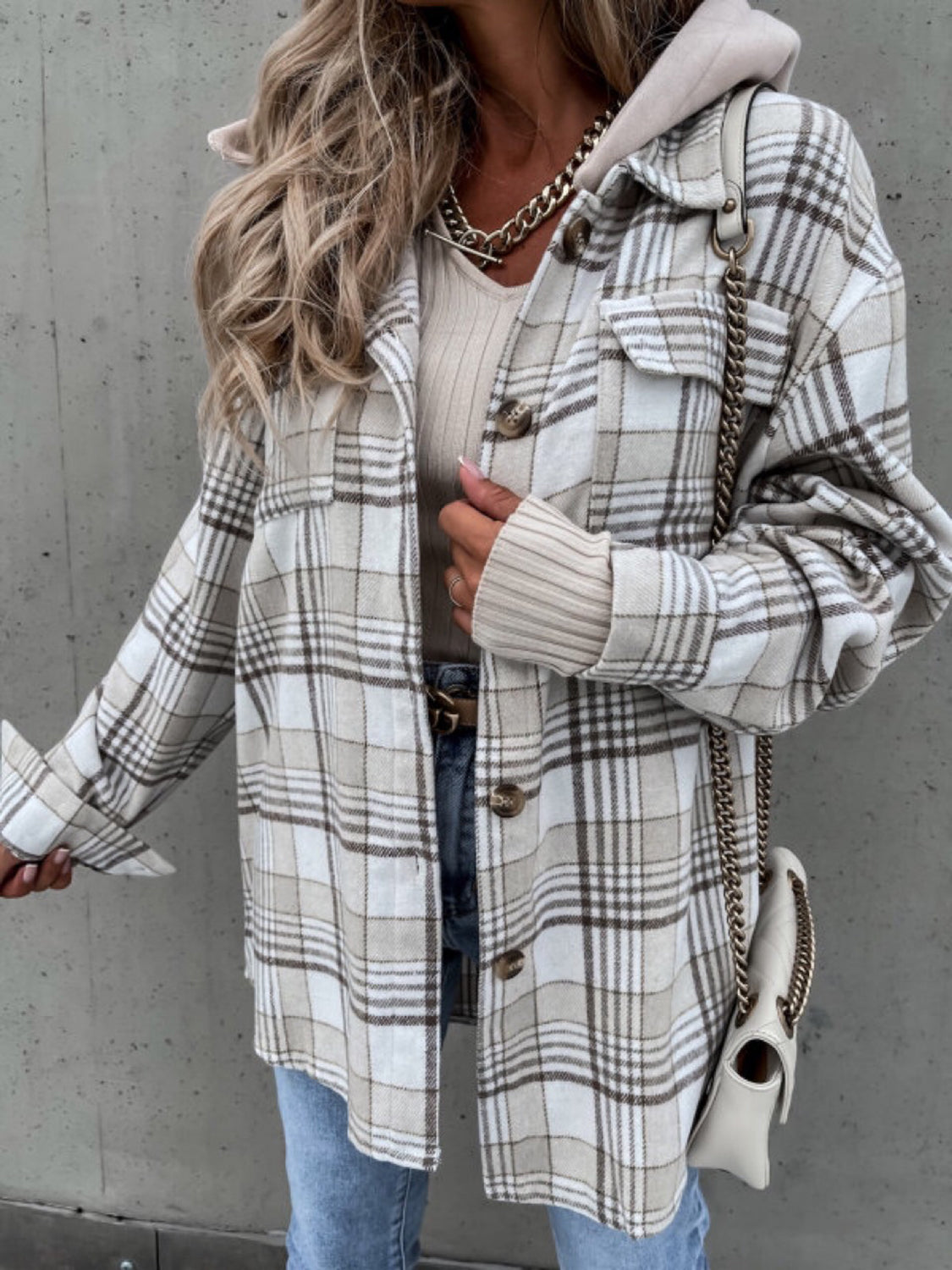 Plaid Button Up Jacket with Removable Hood - aurelia-clothing-8955