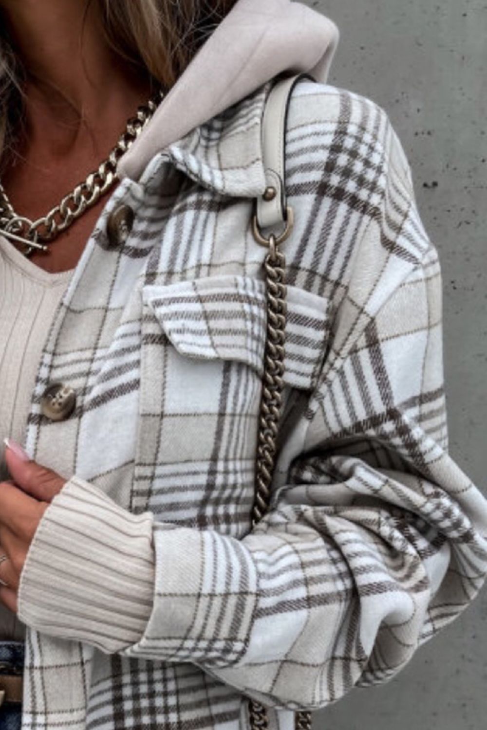 Plaid Button Up Jacket with Removable Hood - aurelia-clothing-8955