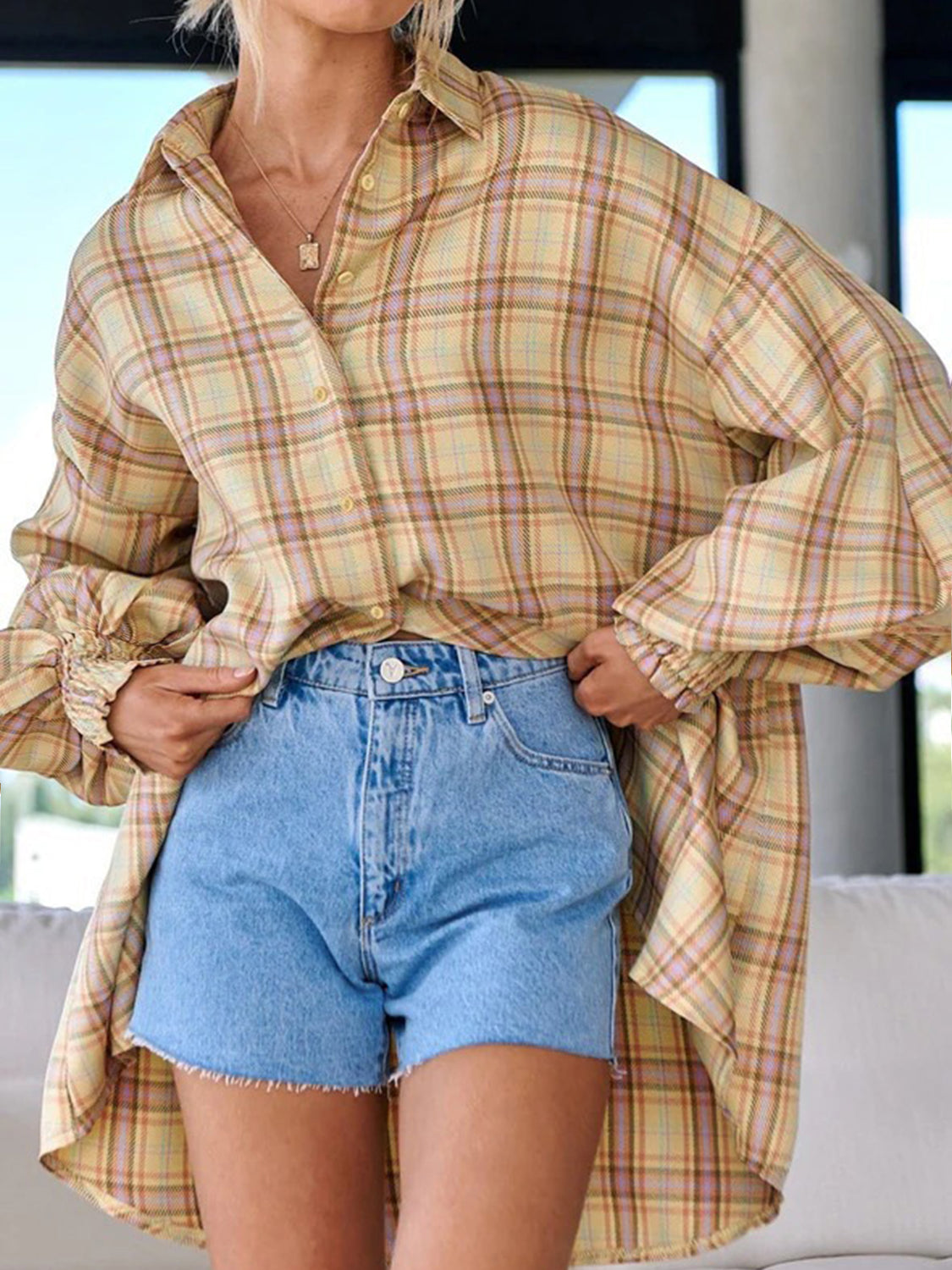 Plaid Button Up Long Sleeve Shirt - aurelia-clothing-8955