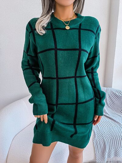 Plaid Round Neck Dropped Shoulder Sweater Dress - aurelia-clothing-8955