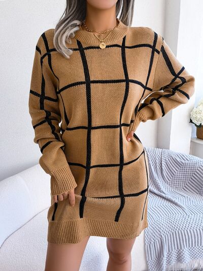 Plaid Round Neck Dropped Shoulder Sweater Dress - aurelia-clothing-8955