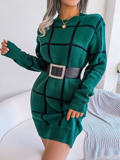 Plaid Round Neck Dropped Shoulder Sweater Dress - aurelia-clothing-8955