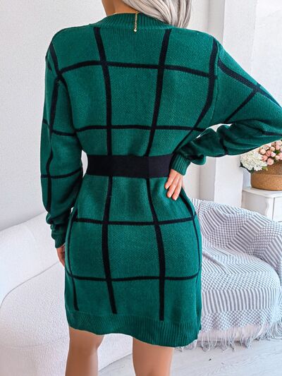 Plaid Round Neck Dropped Shoulder Sweater Dress - aurelia-clothing-8955